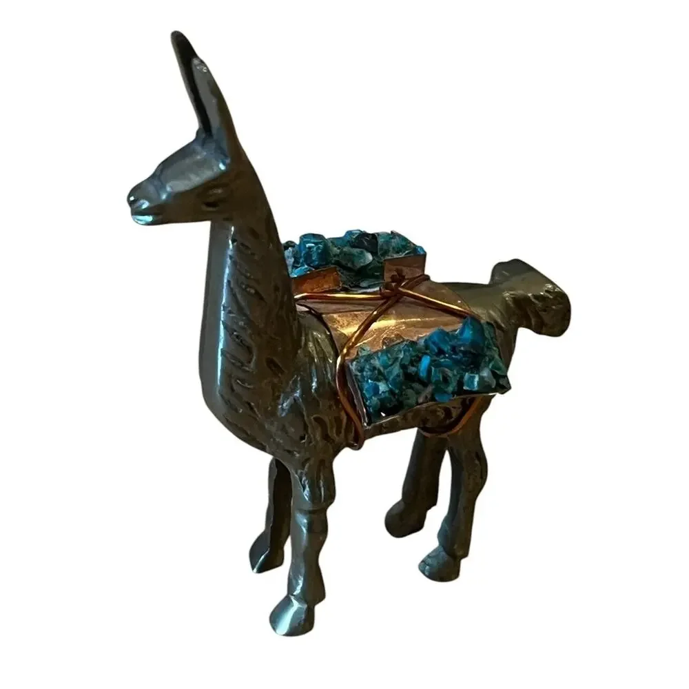 1970's VTG BRASS Llama Alpaca Figurine with Turquoise Cargo Packs COPPER Saddle